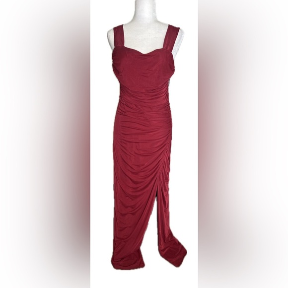 Firfig Wine Red Square Neck Ruched Maxi Dress Slit Floor Length Black Tie Large - Picture 4 of 11
